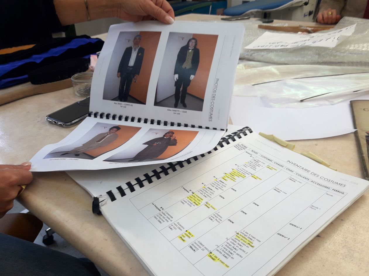 Vue du dossier des costumes, mentionnant photos, éléments de costumes