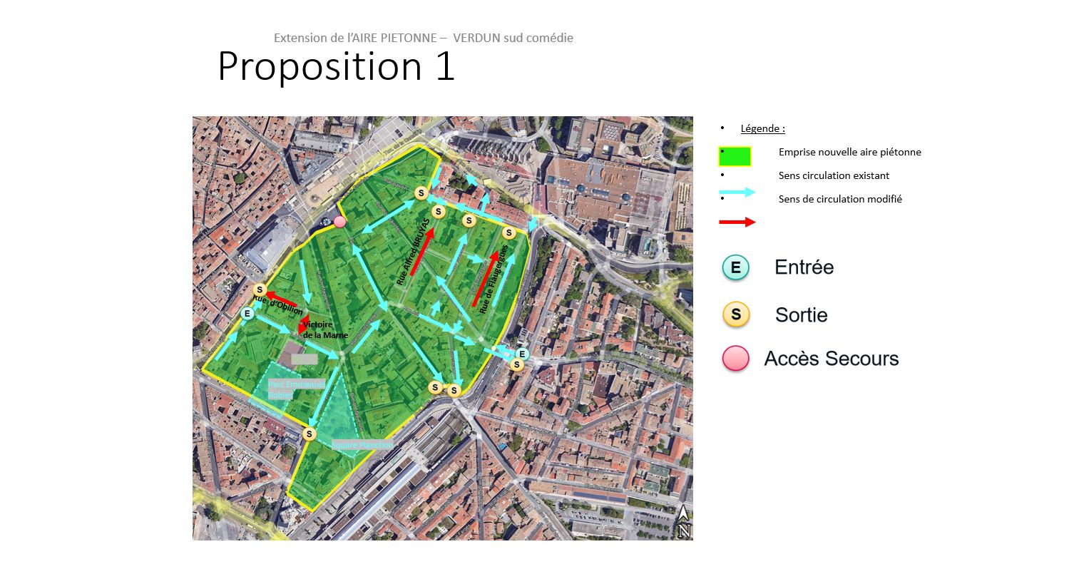 Proposition 1 de zone étendue de la piétonnisation pour le secteur Verdun- sud Comédie