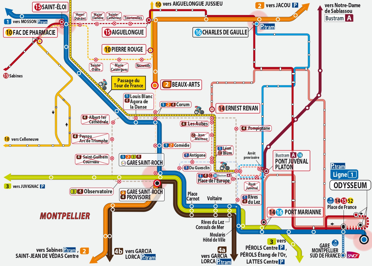 carte Tam tramway Montpellier avec perturbations Tour de France 