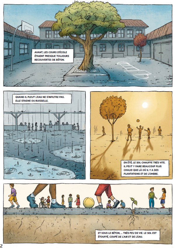 P 2 de la BD avec une cour d'école avant désimperméabilisation et végétalisation