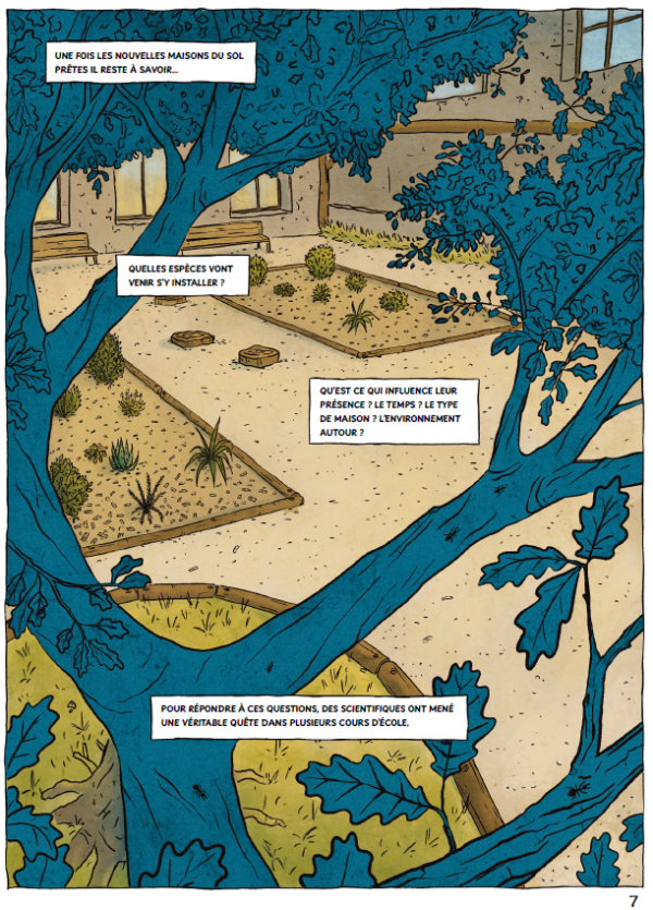 Page 7 de la BD avec une cour d'école végétalisée