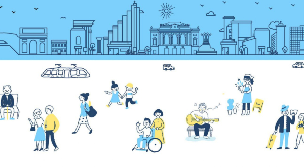 dessin de différents personnages dans la ville